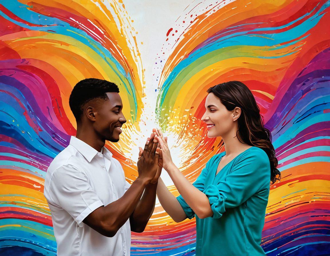 A serene scene depicting a deaf couple communicating through sign language amidst a vibrant and colorful backdrop of abstract sound waves. Incorporate visual elements representing emotions, like hearts and vibrant colors, symbolizing the deep connection beyond sound. Include a warm, sunny atmosphere to evoke feelings of love and creativity. super-realistic. vibrant colors. abstract.